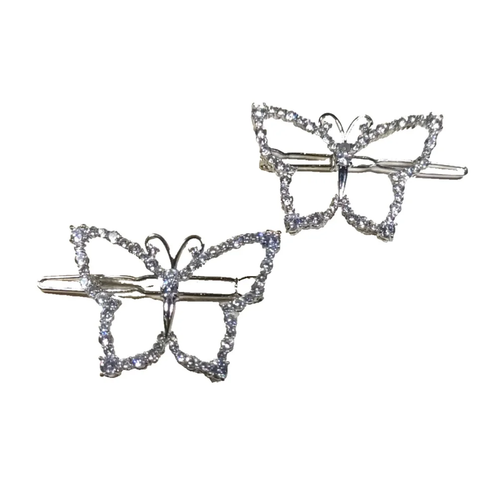Lot of 2 hair barrettes butterfly silver tone Rhinestones